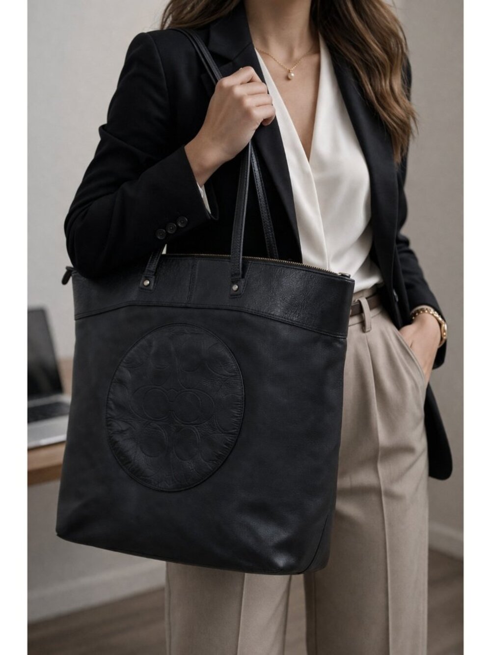 Coach Black Leather Tote with Embossed Logo